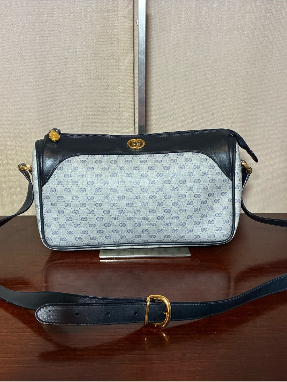 Gucci Monogram Canvas Shoulder Bag in Navy & Light Gray